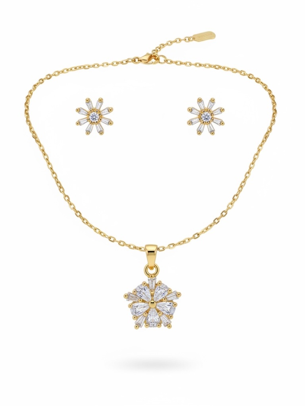 Gold Tone Stainless Steel Floral CZ Pendant Necklace and Stud Earrings Set